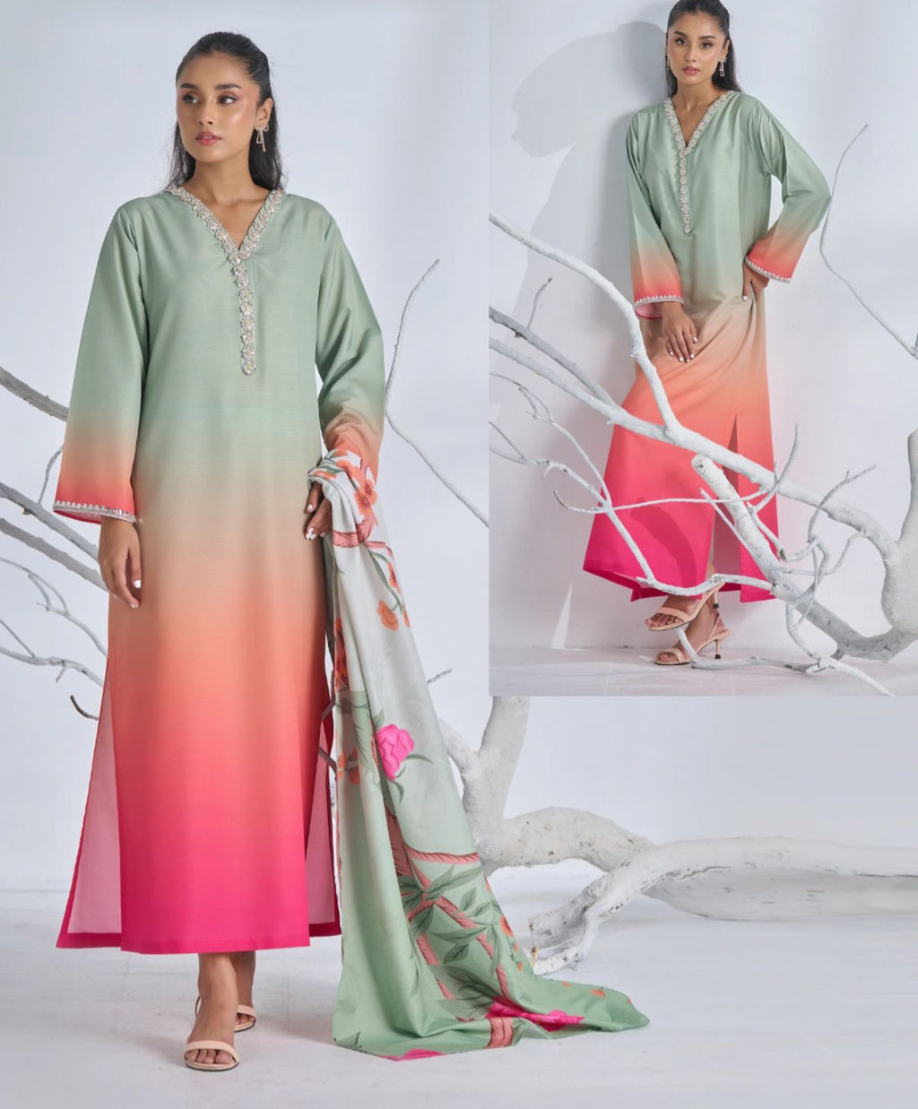 Digital Printed long kurta neck and sleeve lace work.