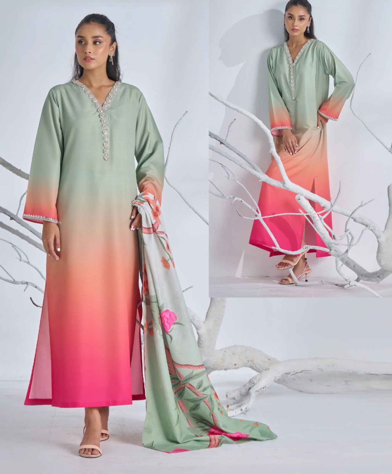 Digital Printed long kurta neck and sleeve lace work.