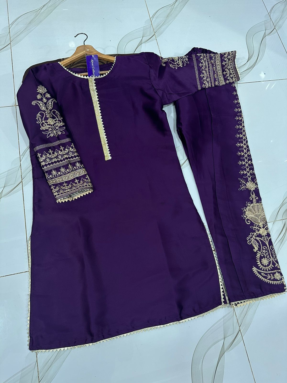 Front Lace Work And Sleeves Embroidered Shirt With Fully Emb Trouser 2Pcs