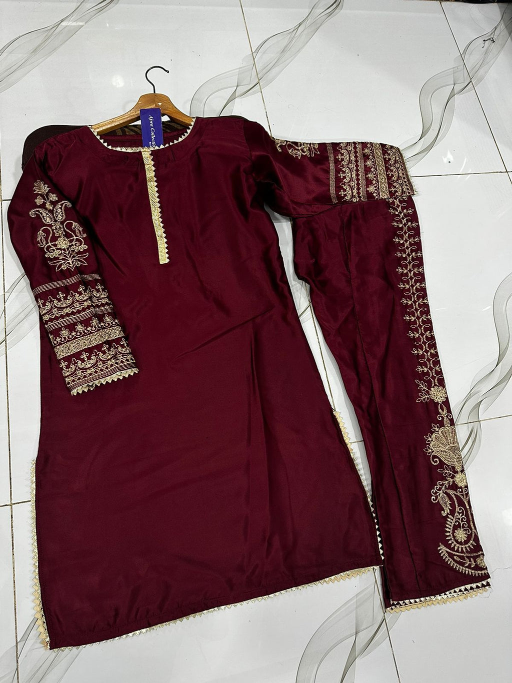 Front Lace Work And Sleeves Embroidered Shirt With Fully Emb Trouser 2Pcs