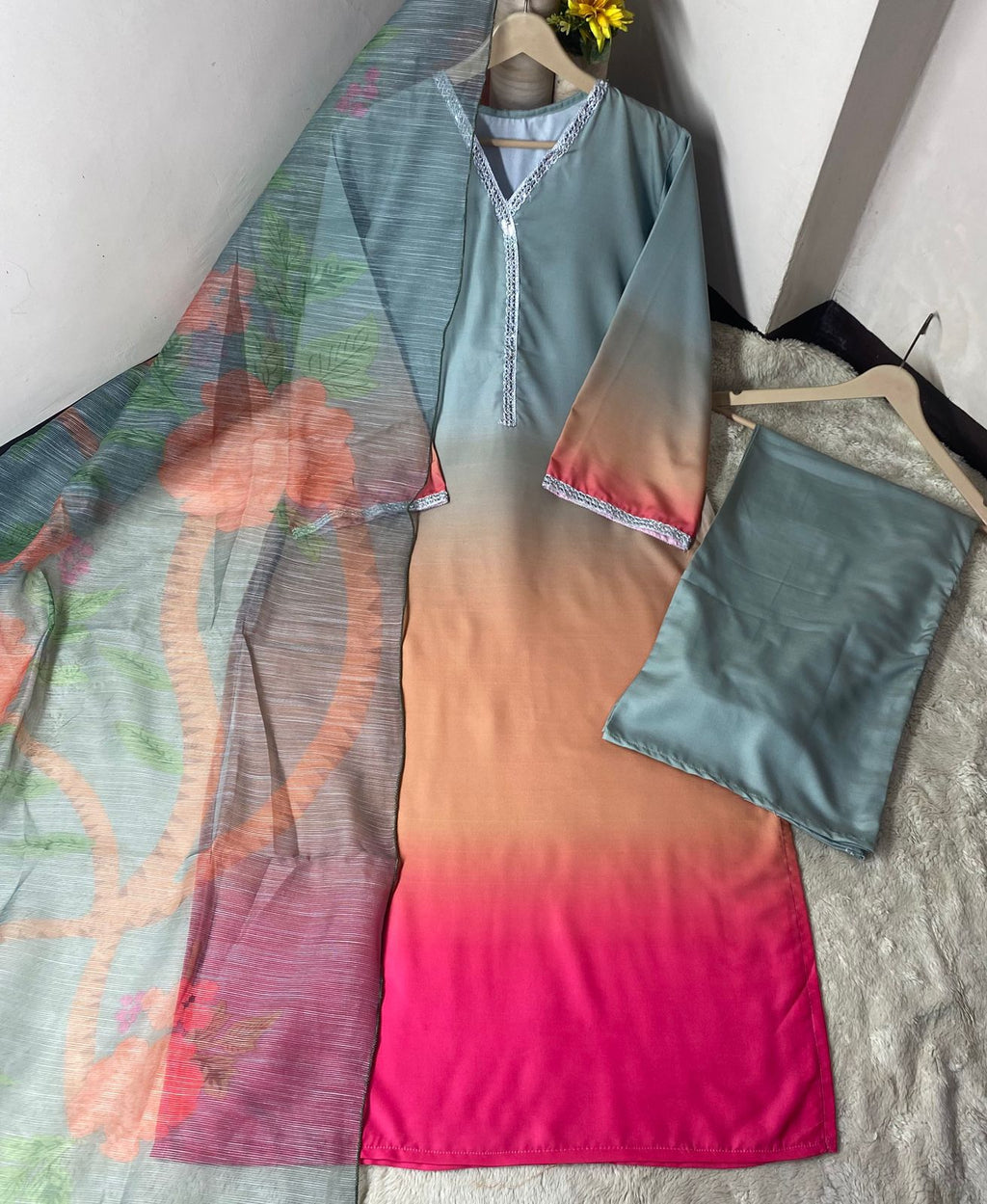 Digital Printed long kurta neck and sleeve lace work.