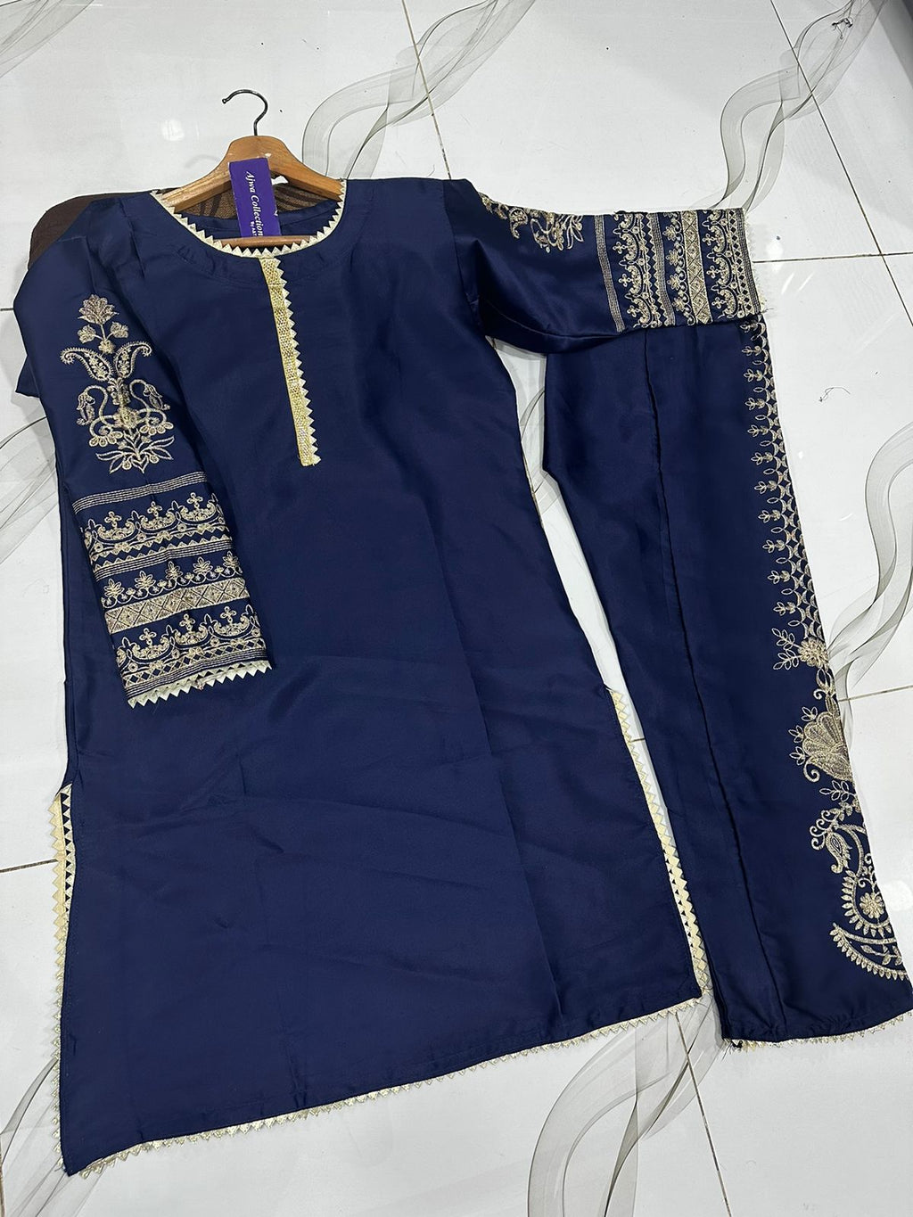 Front Lace Work And Sleeves Embroidered Shirt With Fully Emb Trouser 2Pcs