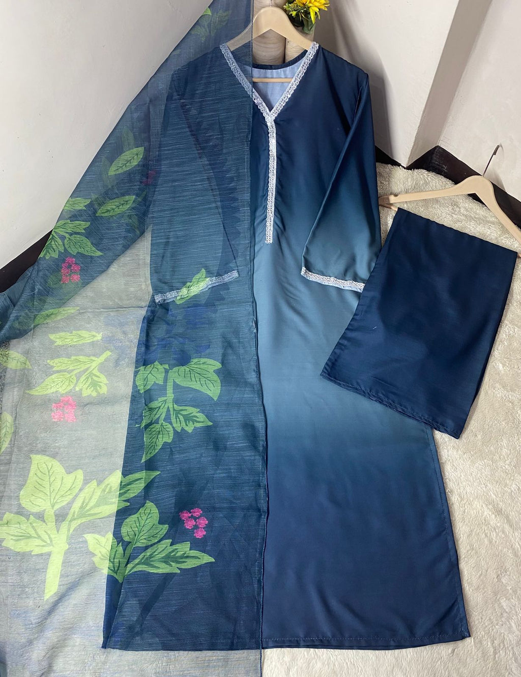 Digital Printed long kurta neck and sleeve lace work.