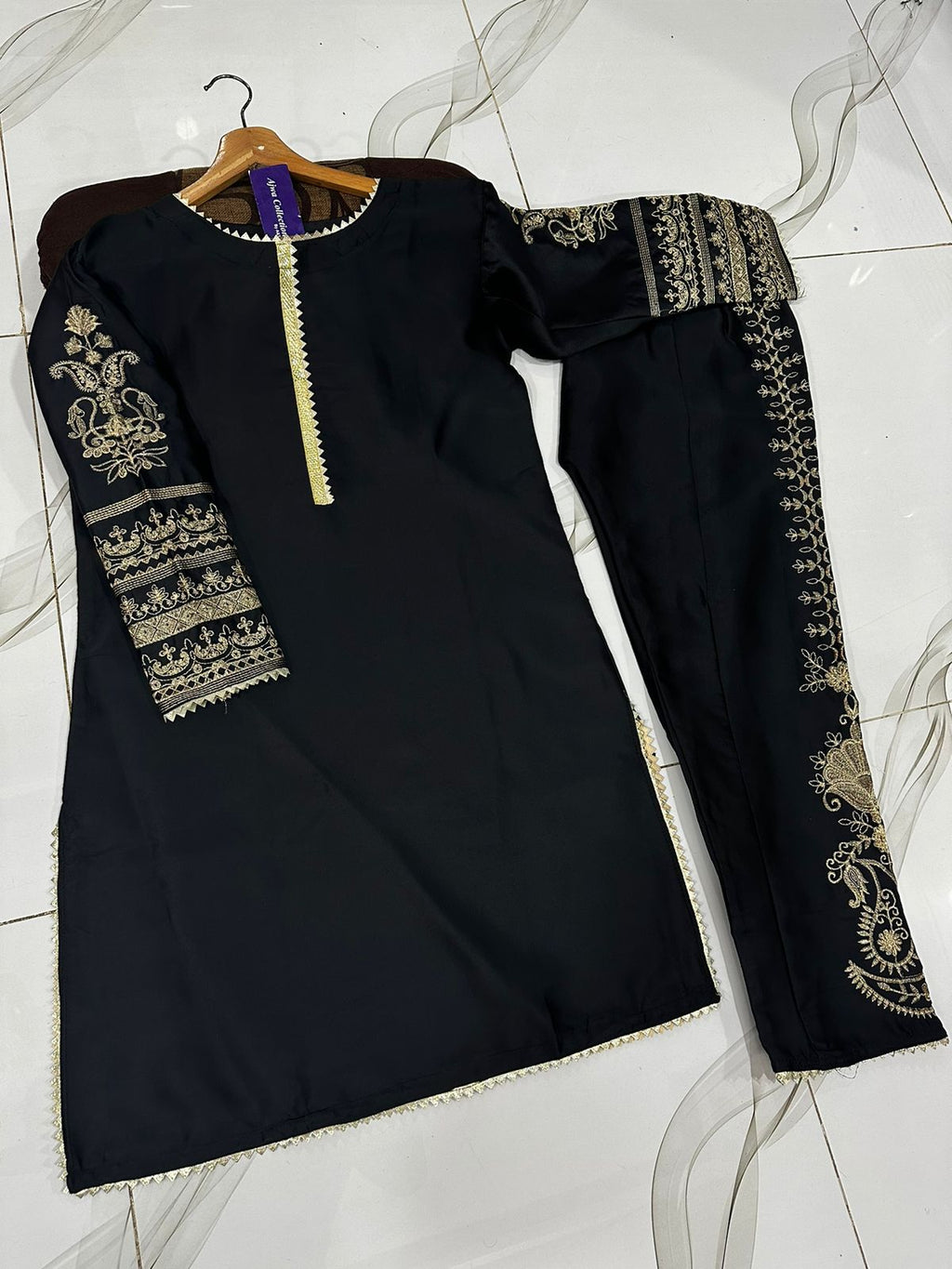 Front Lace Work And Sleeves Embroidered Shirt With Fully Emb Trouser 2Pcs