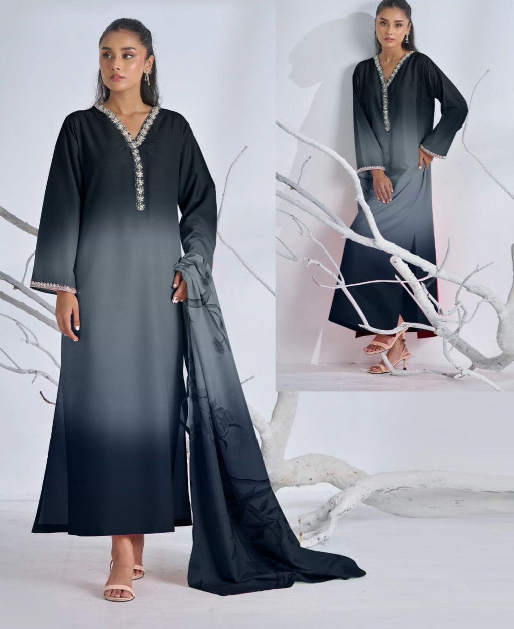 Digital Printed long kurta neck and sleeve lace work.